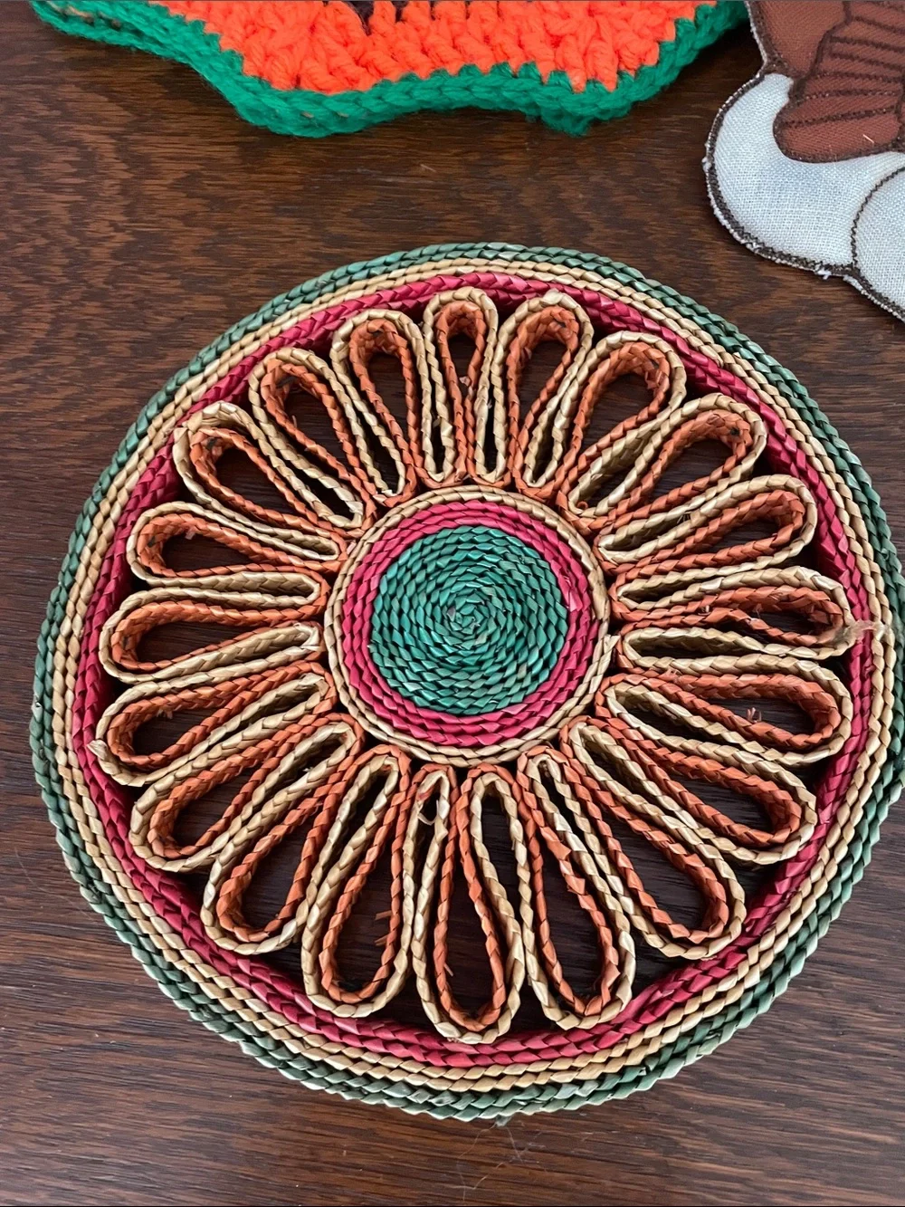 Handmade Crochet & Fabric Trivet Set in Red, Green, Brown and Cream
